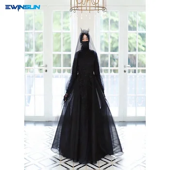 Latest designed Black modern Muslim wedding shiny dress with hijab elegant bride modest type long puff sleeve lace bridal gown
