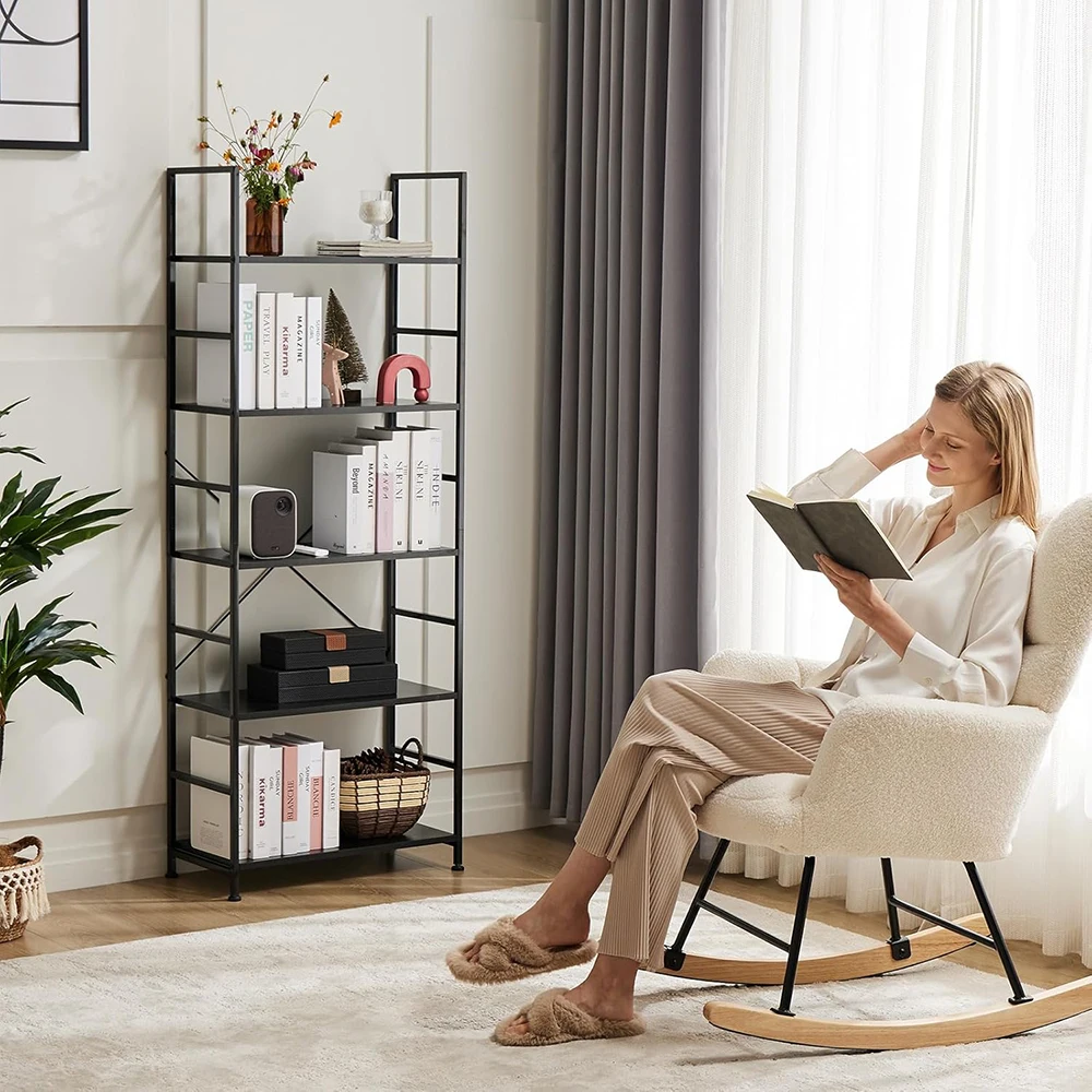 product 5 tier wooden rustic modern tall bookcase storage organizer for home office living room  bedroom-2