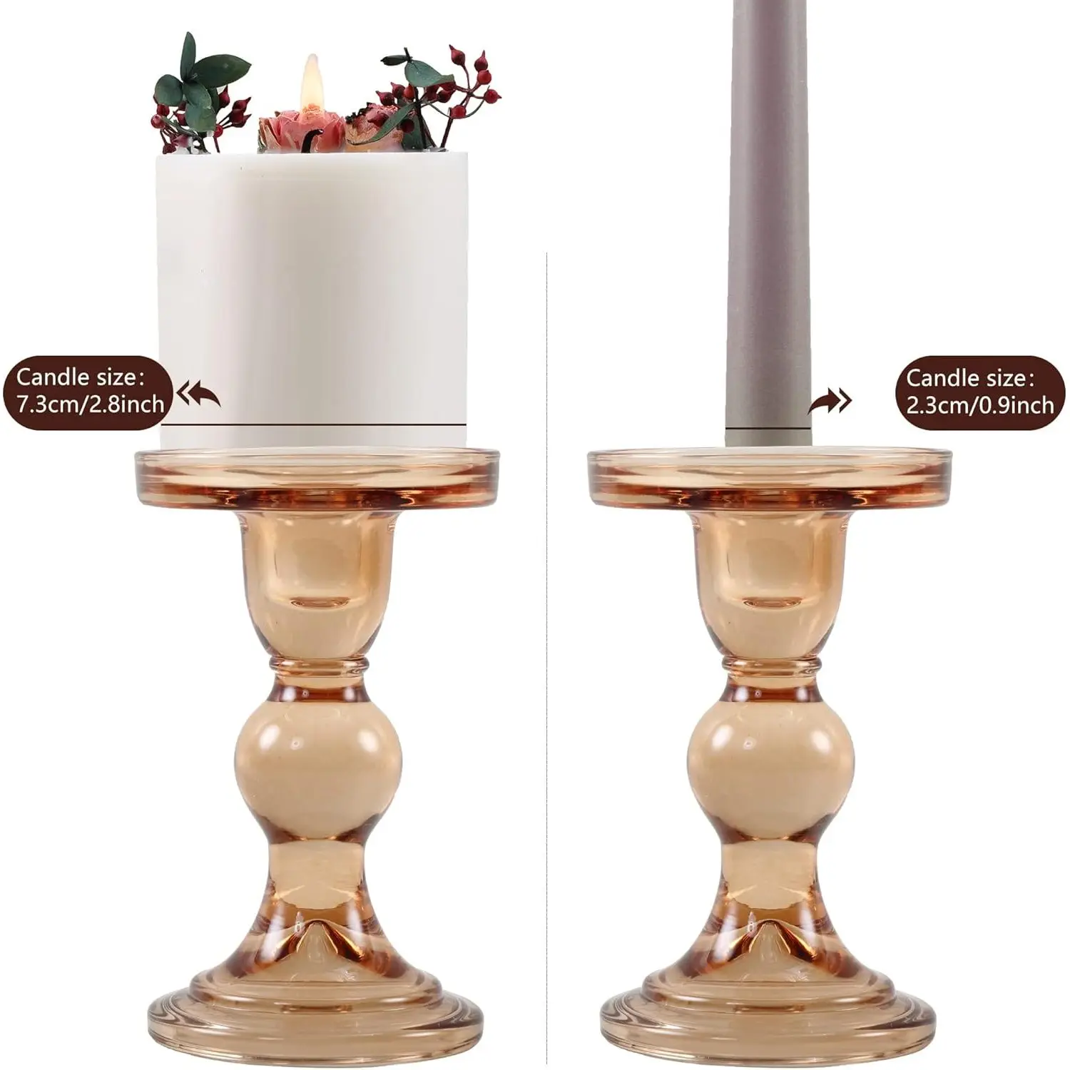 GMWD 3-Piece Modern Glass Candle Holder Set Amber Color Wedding Tabletop Decorations-Pillar Taper Tealight Stand 10x8x4 Inches