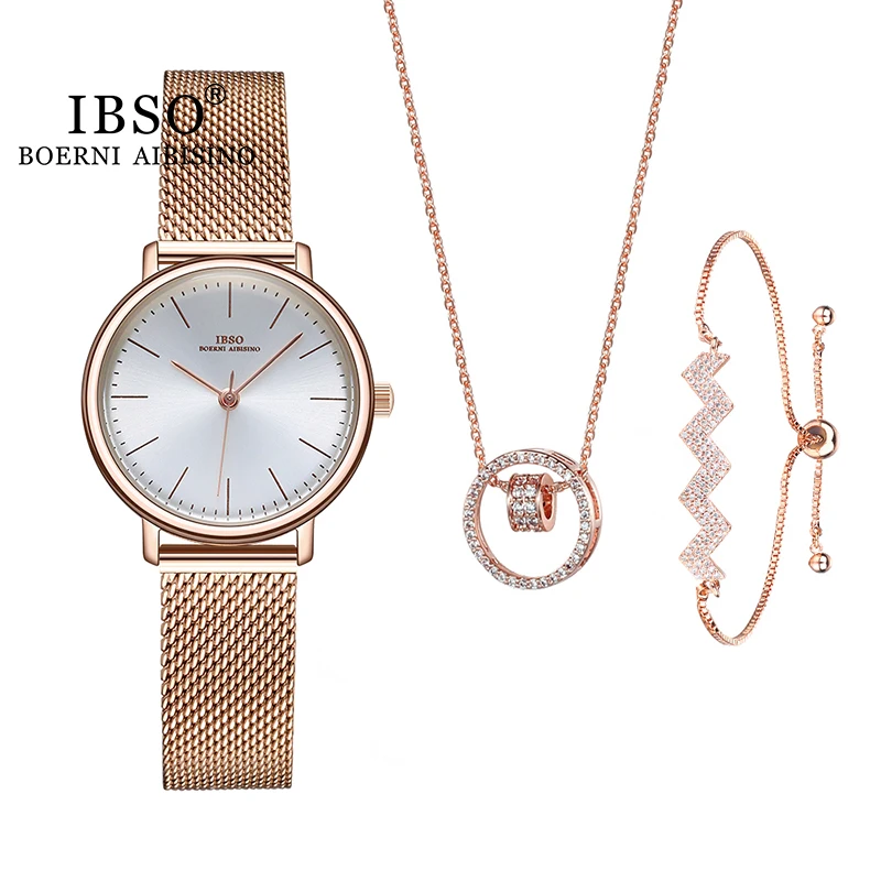 IBSO BOERNI AIBISINO Girl Jewelry Set Women Quartz Watch Set Crystal Design  Bracelet Necklace Ring Earrings Watch Sets Female Watch Lady's Wife Mom