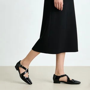 Women's Black Action Leather Cutout Flats-Buckle Detail Square-Toe Casual Footwear Fashion Trend Summer Outdoor