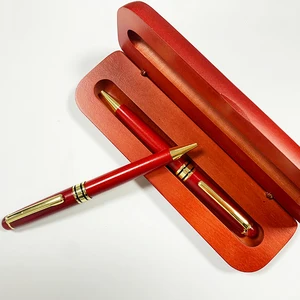 New Business Gift Luxury Red Wood Ball Pen Set with Custom Logo Office Supplies Wood Pen Set with Wood Box For Christmas