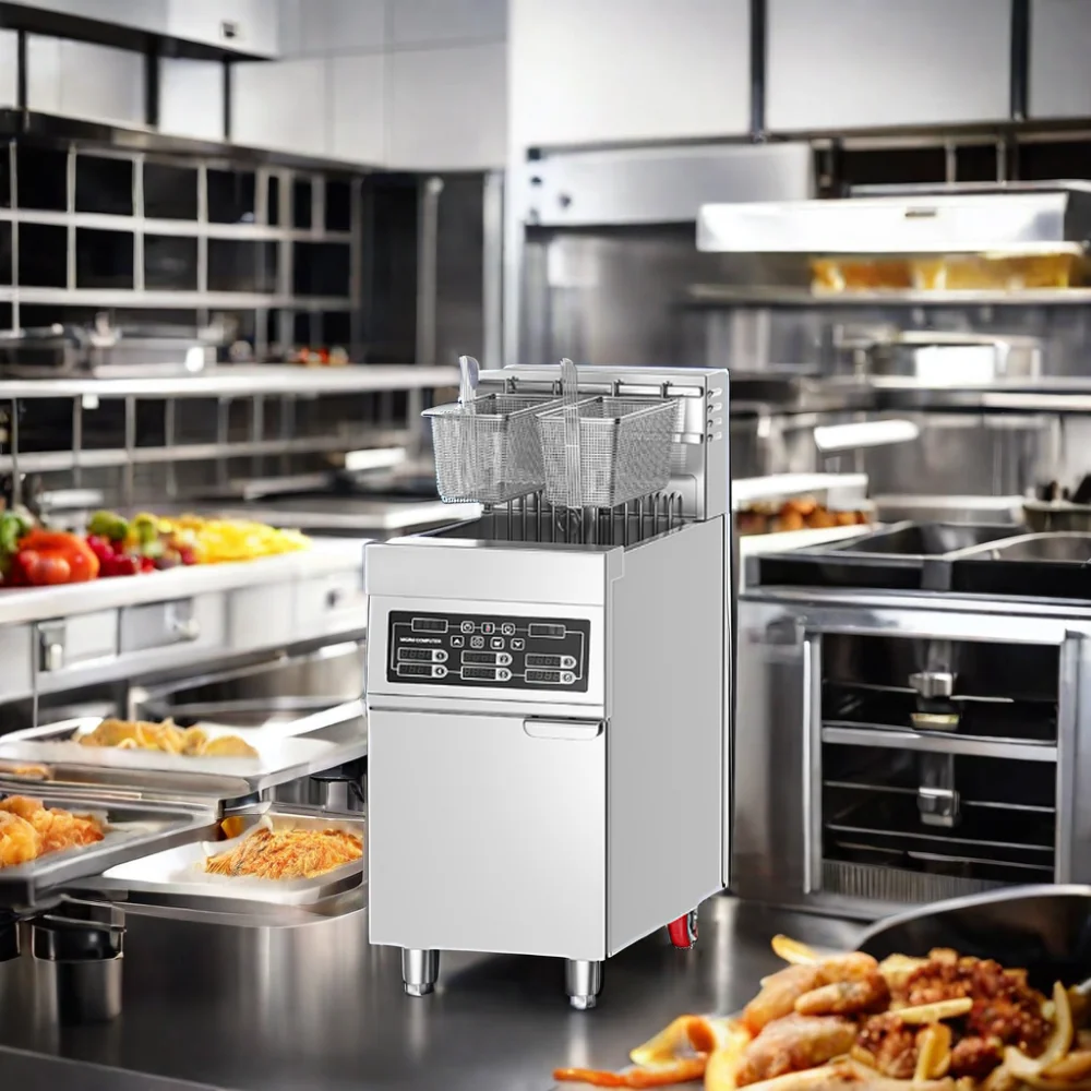 product electric standing deep fat fryer for potato chips frying machine 1 tank double baskets chicken fryer-12