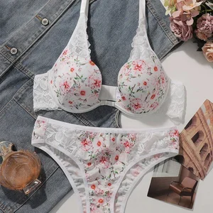 Hot Sexy Women's Bra and Panty Set with Floral Pattern Lace Decoration Lift-up Design