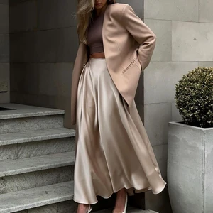 Popular 2025 Fashion Khaki Women Maxi White Silk Skirts Female High Waist A-line Solid Skirt Elegant Long Satin Skirts for Women