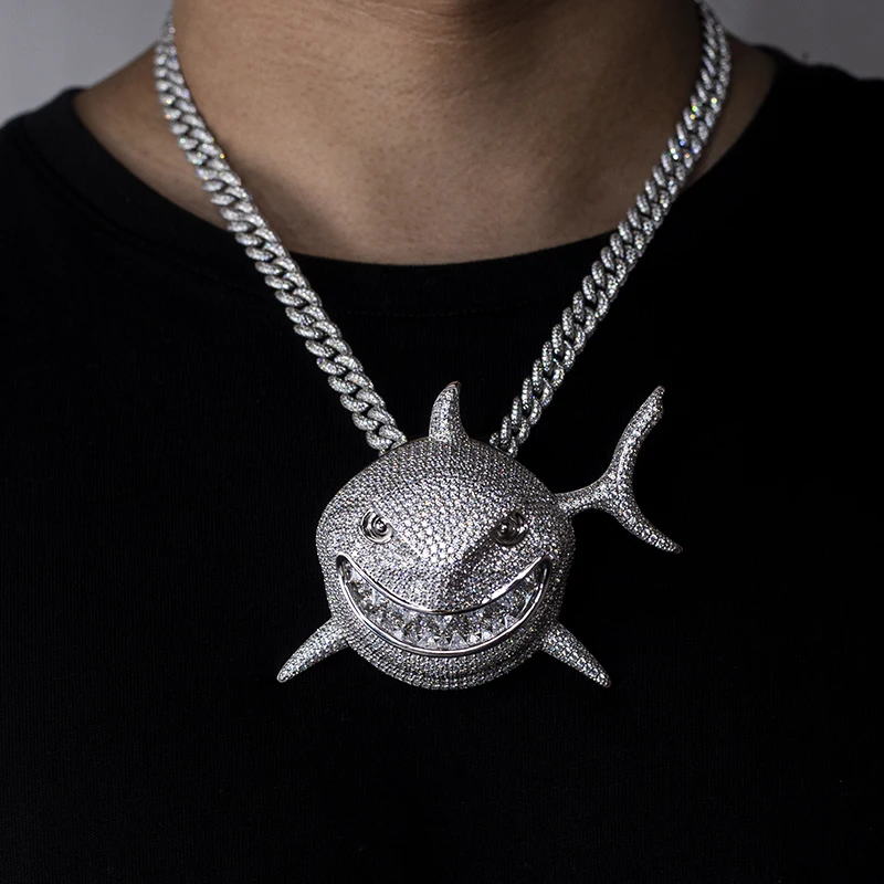 Messi Gems MS-63 Big Shark Pendant Iced Out Hip Hop Jewelry CustomPendant  925 Sterling Silver Necklace Fashion Zirconia Pendant