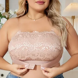 Sexy Lace Backless Breathable Bra Invisible Shoulder Straps Front Buckle Gathered Underwear Without Steel Ring Plus Size Bra