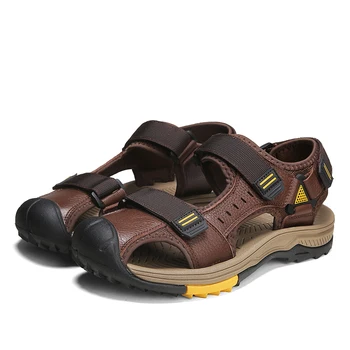 High quality plus size layer cowhide beach shoes slippers men fashion casual sandals
