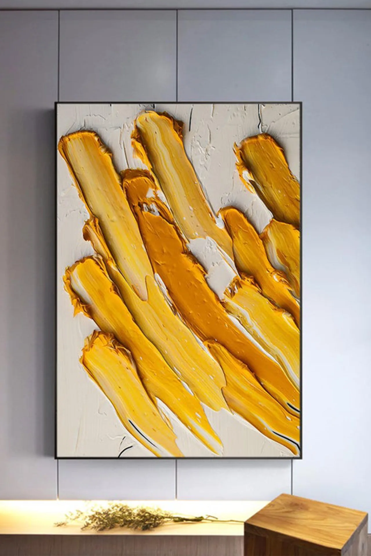 Modern Thickness Texture Palette Knife Yellow Abstract Hand Paintings Wall Art