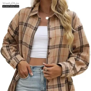 Women's Vintage Fashion European American Breathable Plaid Blouse Casual Loose Boyfriend Style Front Autumn Winter Long Plain