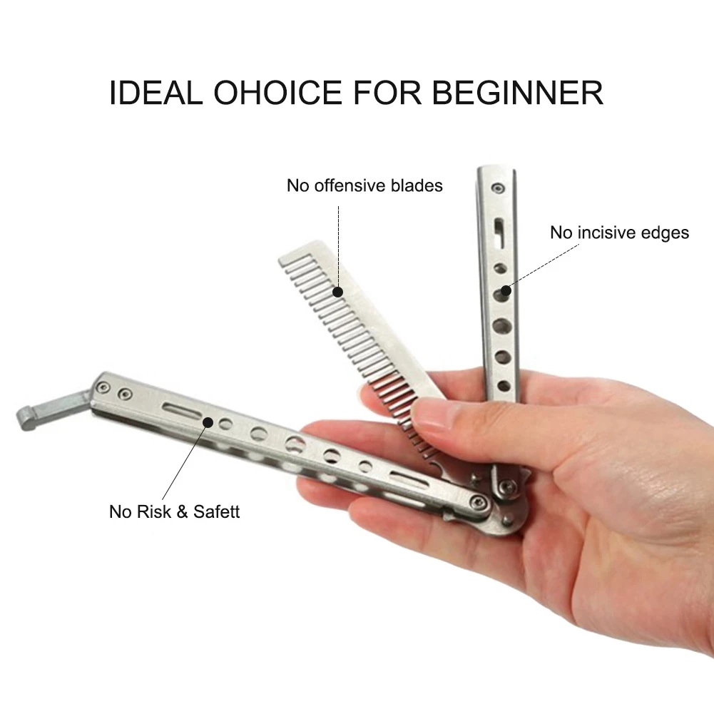 Foldable Steel Needle Comb Practice Butterfly Training Knife Comb Beard Moustache Brushes Salon Hairdressing Styling Tool