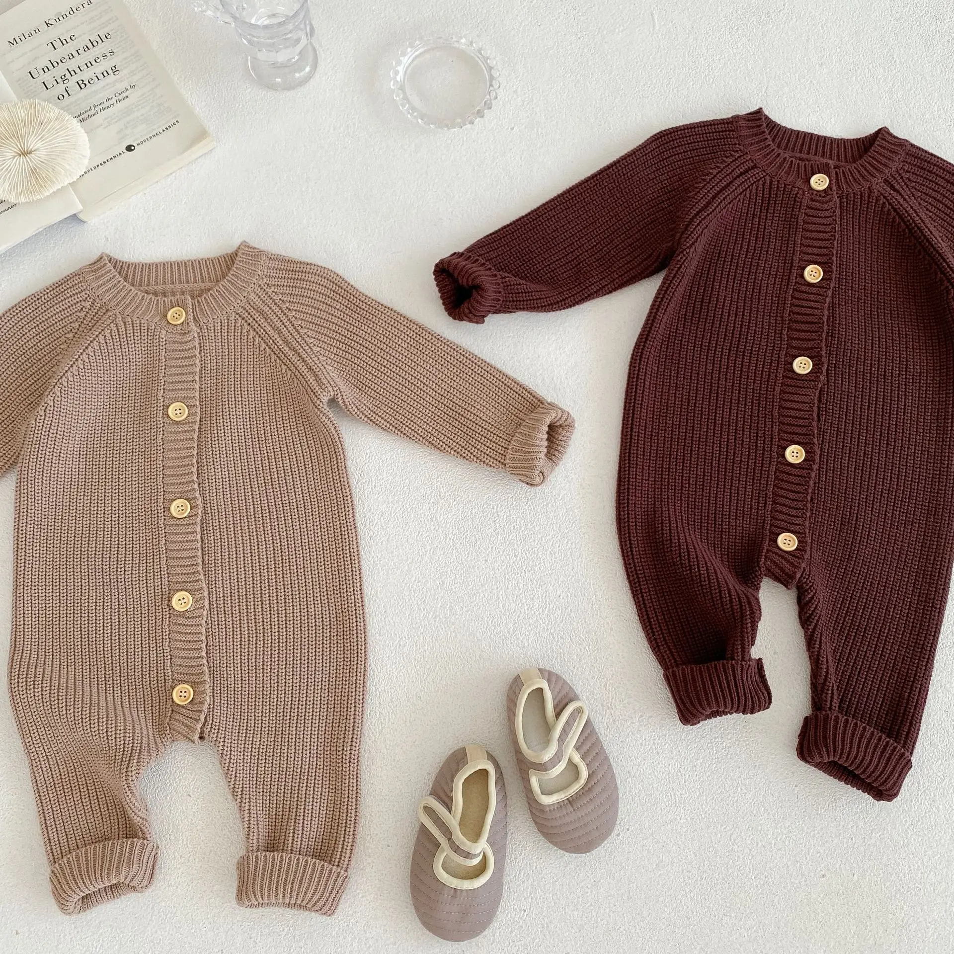 Ins autumn infant clothing UNISEX BABY Jumpsuit solid color round neck long sleeve Rompers