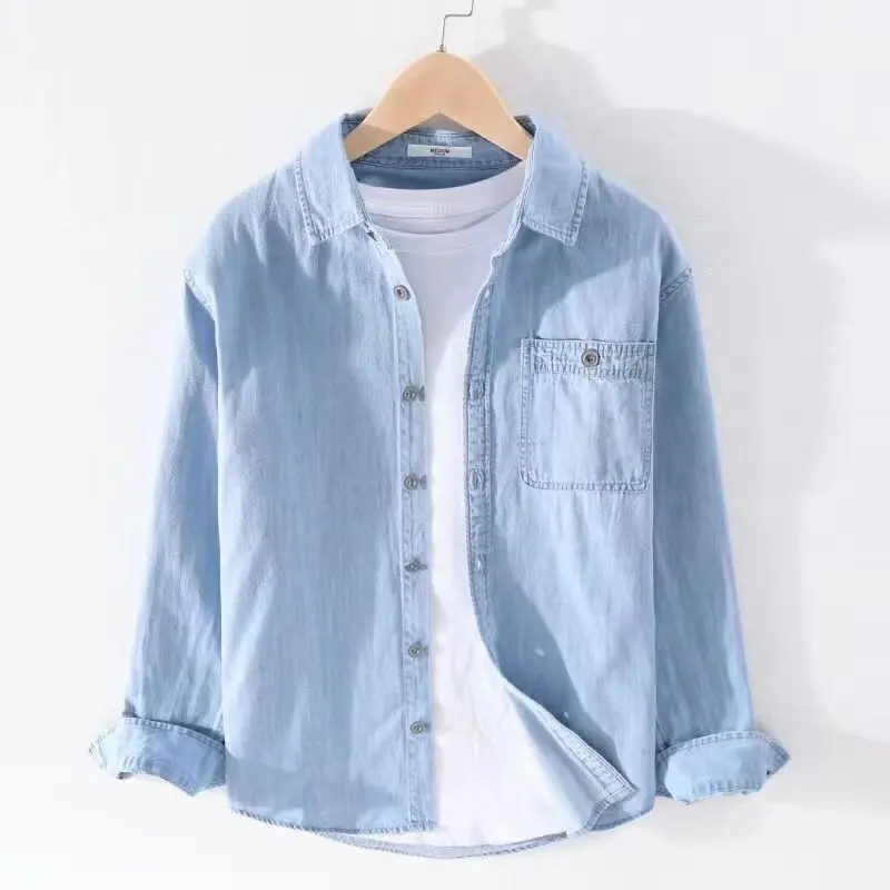 Men's Denim Shirt Spring Long-Sleeved Slim-Fit Casual Pocket Decoration Medium Wash Thin Outerwear