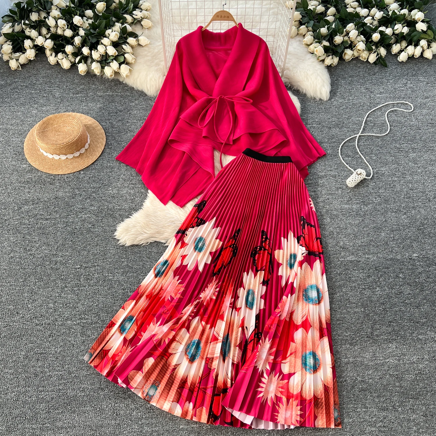 LW1122 Women's Set Fashion Lace-up Waist Bat-Sleeve Top