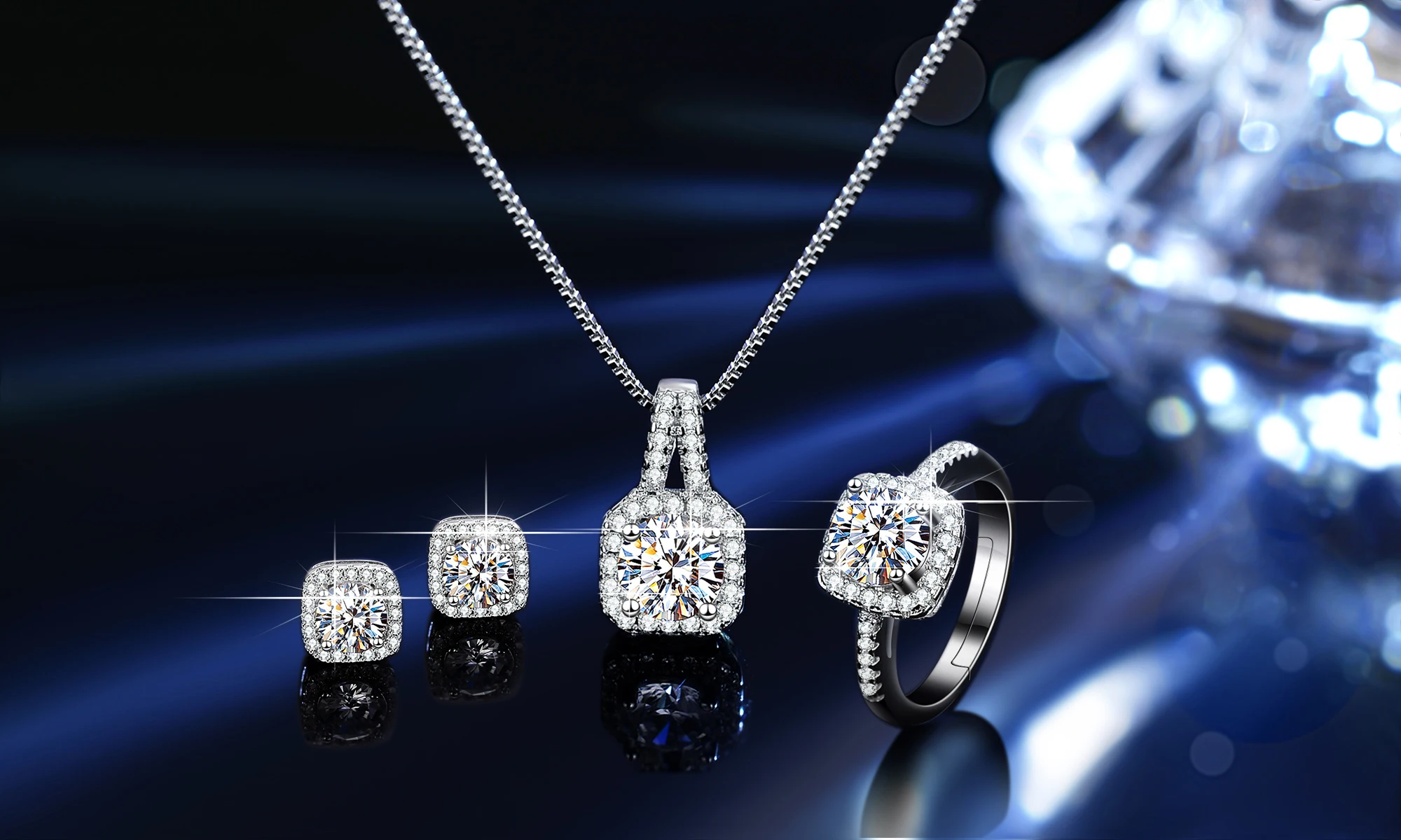 Luxury Jewelry s925 Sterling Silver Set Moissanite Square Ring Stud Necklace Ladies Three Piece Wedding Jewelry Set Ornament