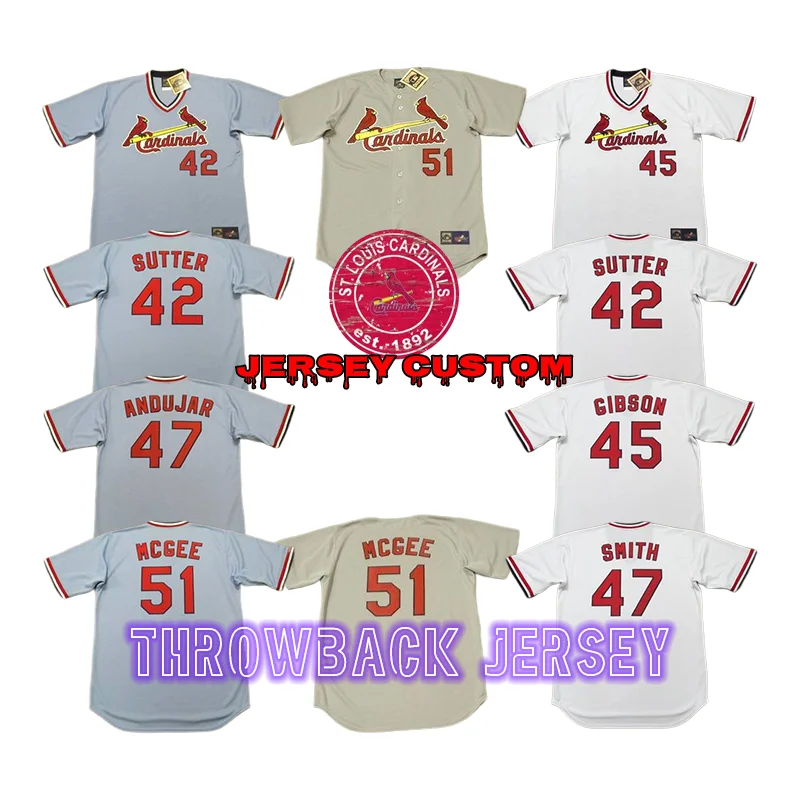 Wholesale Men's St. Louis 42 Bruce Sutter 45 Bob Gibson 47 Joaquin Andujar  51 Willie Mcgee 57 Darryl Kile Baseball Jersey Stitched S-5xl From  m.