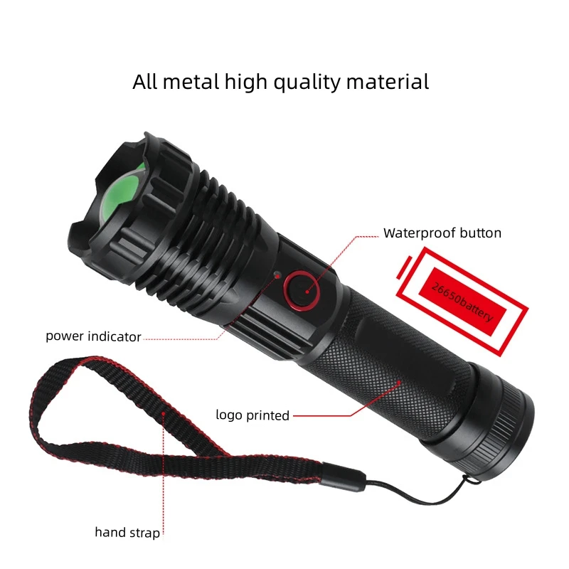 Torche Lampe de Poche LED XHP100 Rechargeable, Super Lumineux 10000 Lumen Lampe de Poche Tactique Zoomable 5 Modes Lampe de Poche Torches Etanches Haute Puissance Pour Camping, Randonnée