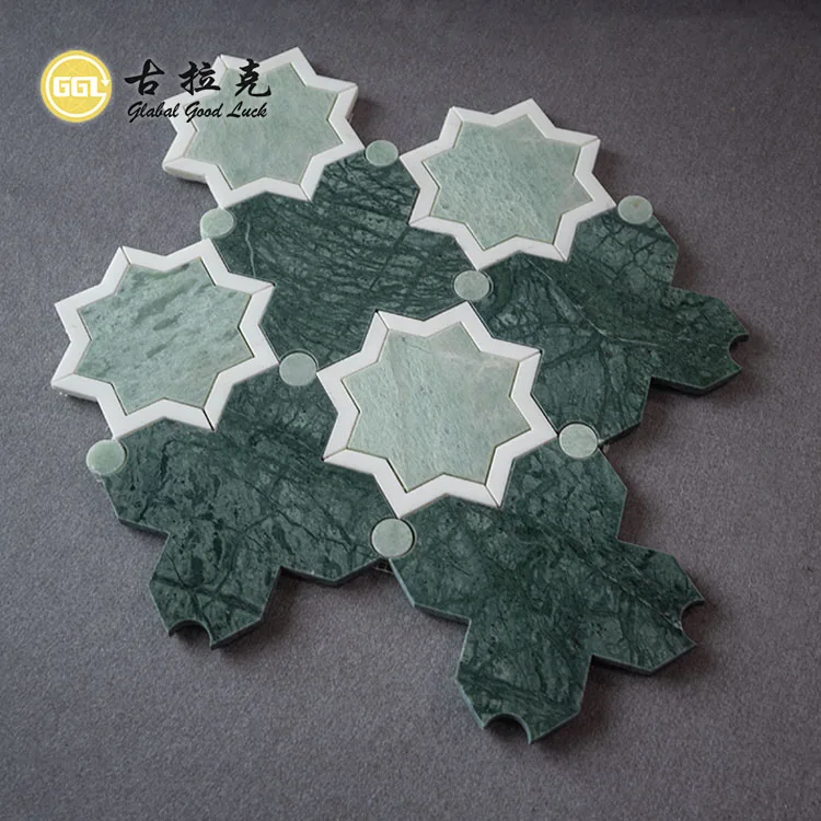 Modern Customized Flower Shape Green Stone Mosaic Wall Floor Tile Waterjet Marble Mosaics factory