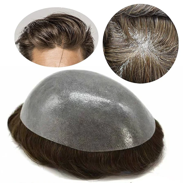 0.08-0.1mm Stock 100%Human Hair Men's Wig Indian Hair System Men Hairpiece replacement men skin PU toupee