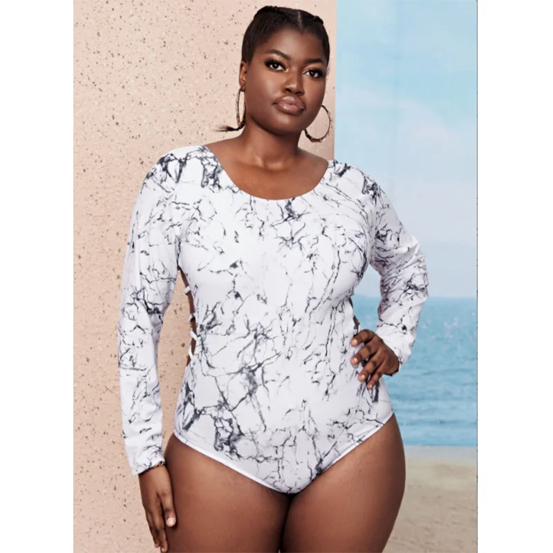 2022 New Design DAMO Plus Size Women Long Sleeve Back Hollow Out Sexy Swimsuits White Girls Sauna Wear Bathing Suit