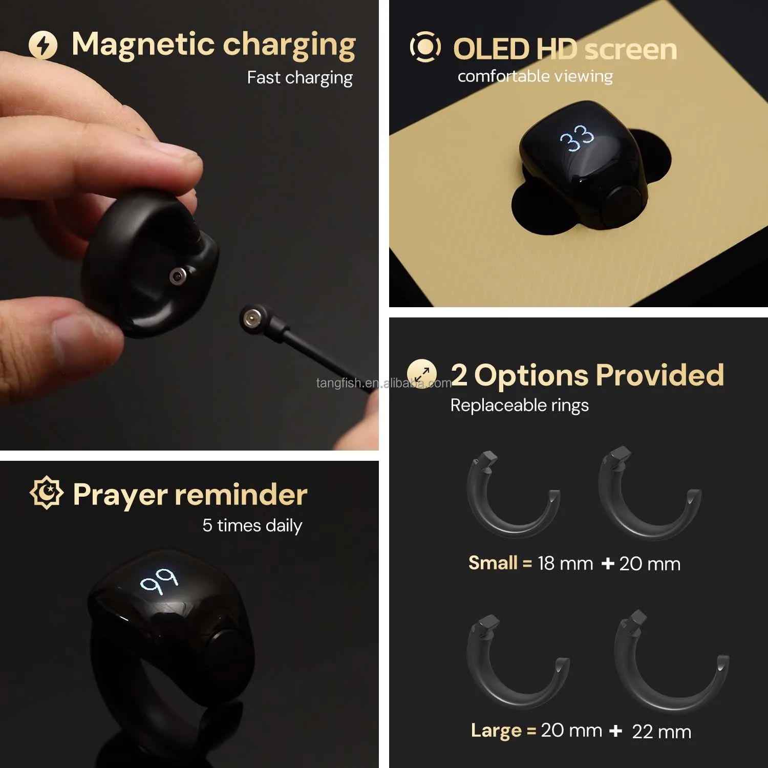 Smart Mini Islamic Tasbeeh Wireless Digital Counter Waterproof Prayer Beads Ring for Muslims Alarm Clock App Control Features
