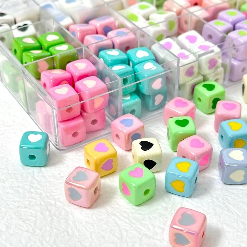 Candy Colored Coated Heart Shape Square Cube Acrylic Beads for Mobile Phone Chain Making