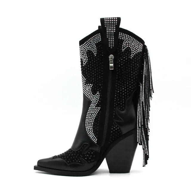 European and n retro fashion women's boots hot piece tassels western cowboy short boots pointed thick heel boots