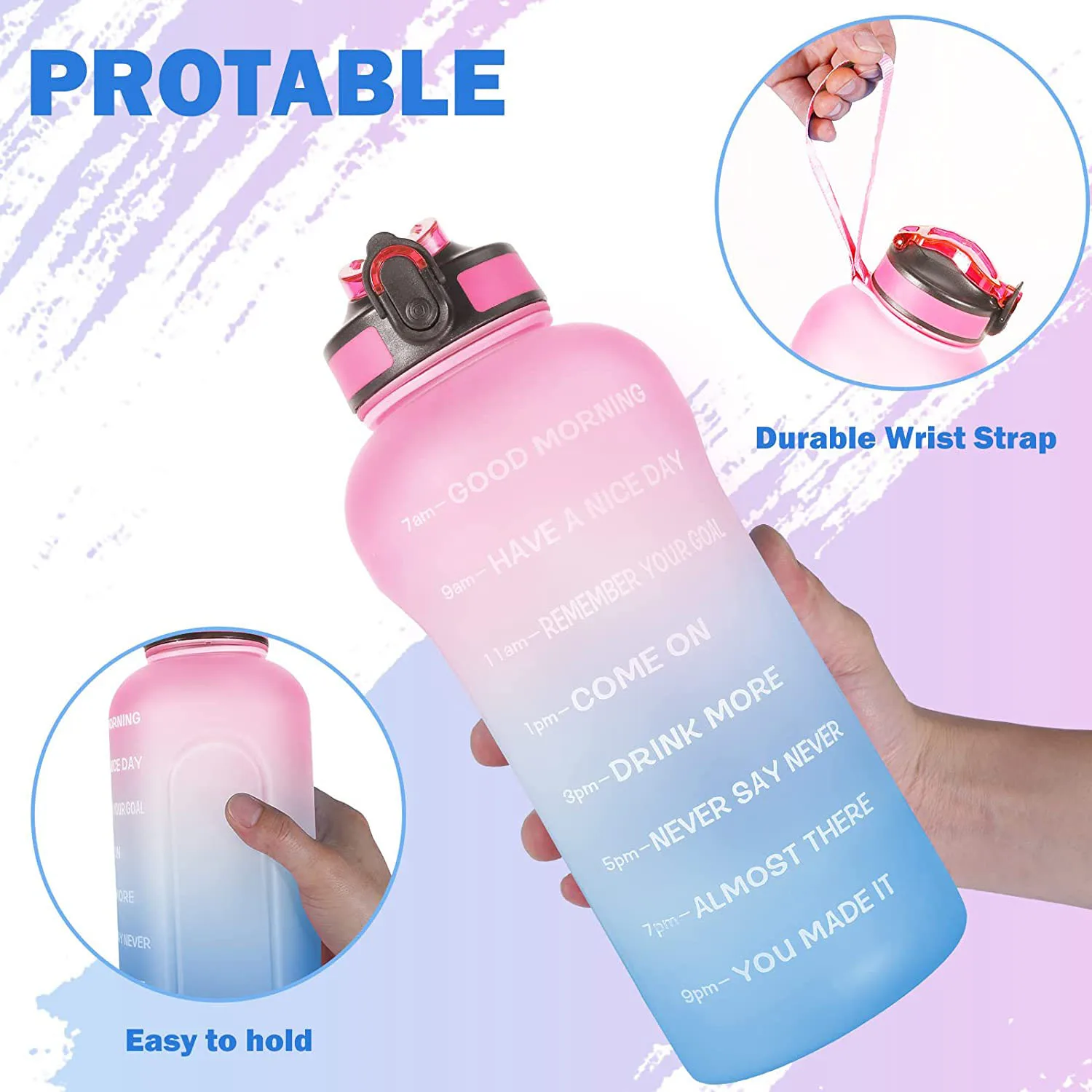 bottiglia di acqua da 2 litri con paglia bpa free, 2l bere bottiglie con  tempo marker, bottiglie d'acqua sportive a prova di perdite con coperchio a  flip top