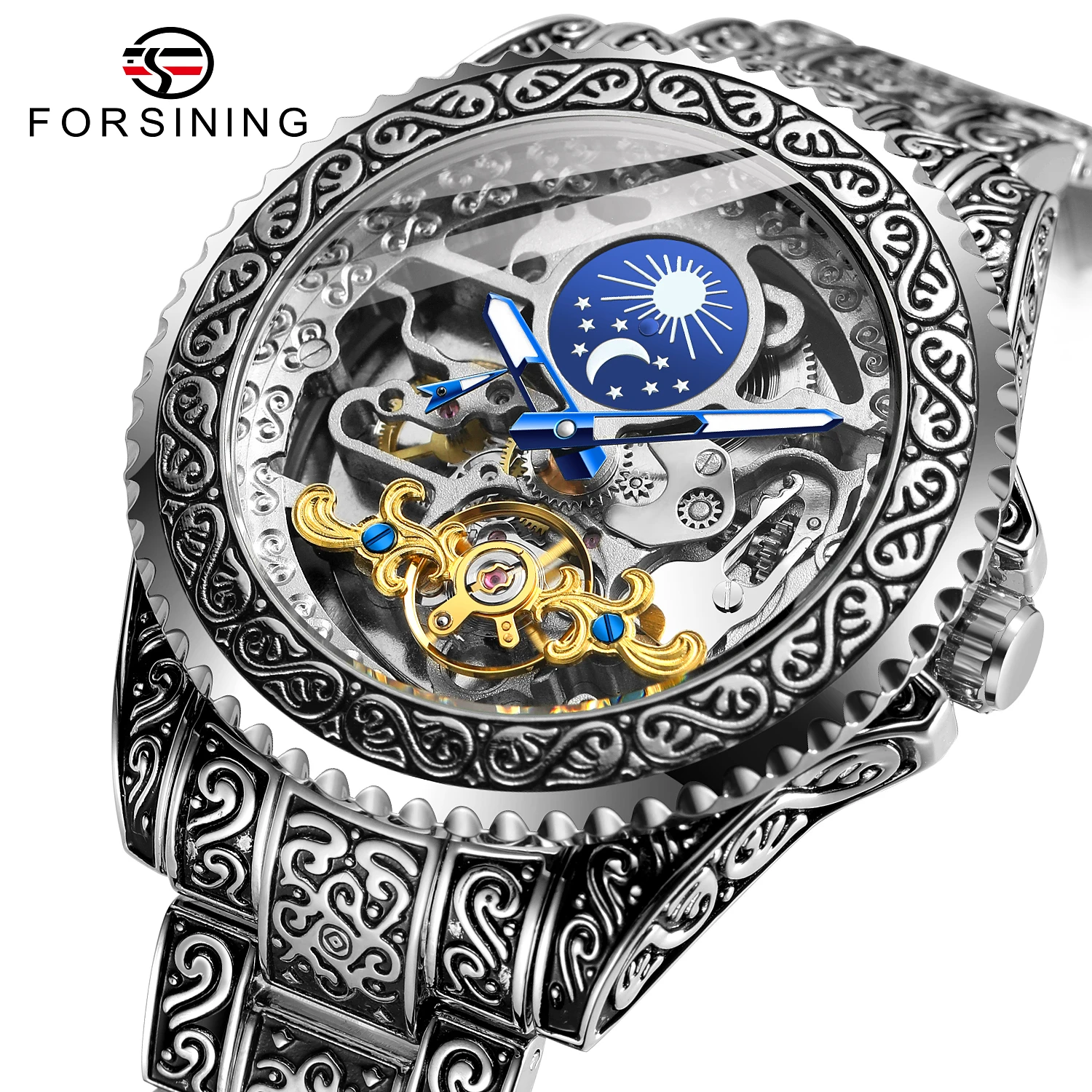 Forsining Skeleton Moonphase Stainless Steel Watch