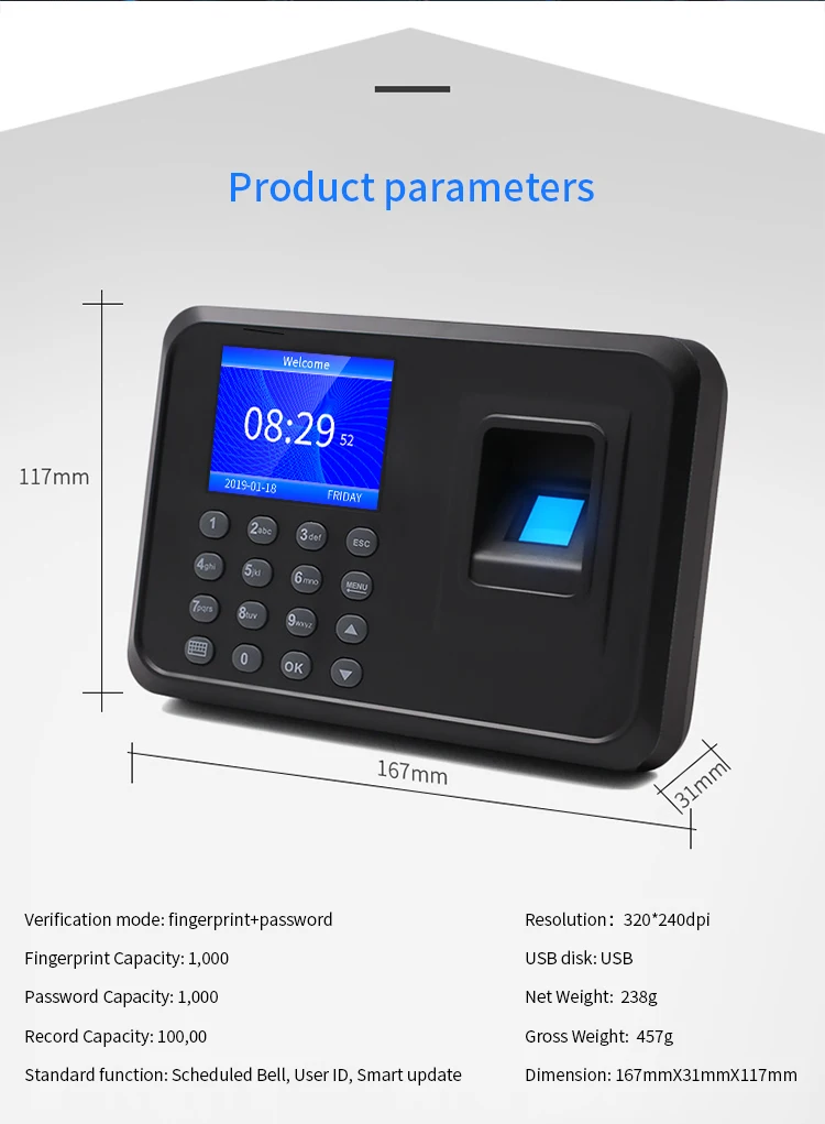 F01 Biometric Attendance System with Software Free&Colorful Display