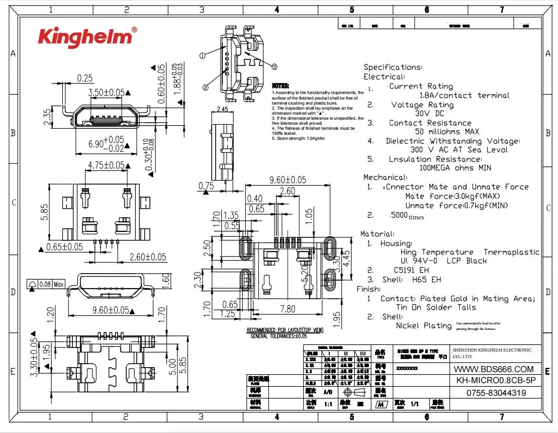 Female 5 Pin 18a Micro Mini Type B Usb Connector For Charging Interface Port Jack Socket Smt 9902