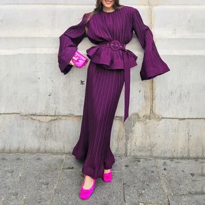 2026 Elegant Two Piece Set for Women O Neck Long Sleeve Ruffles Belt Tops High Waist Skirt Pleated Set Female Outfit Fashion New