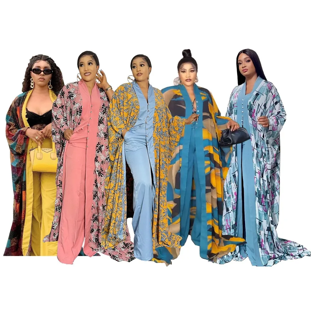 2023 Europe and America Printed Loose Trousers African Chiffon Robe Two-piece Suit Gowns for Women