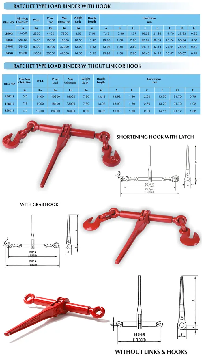 High Strength Ratchet Load Binders With Grab Hook/lifting Chain