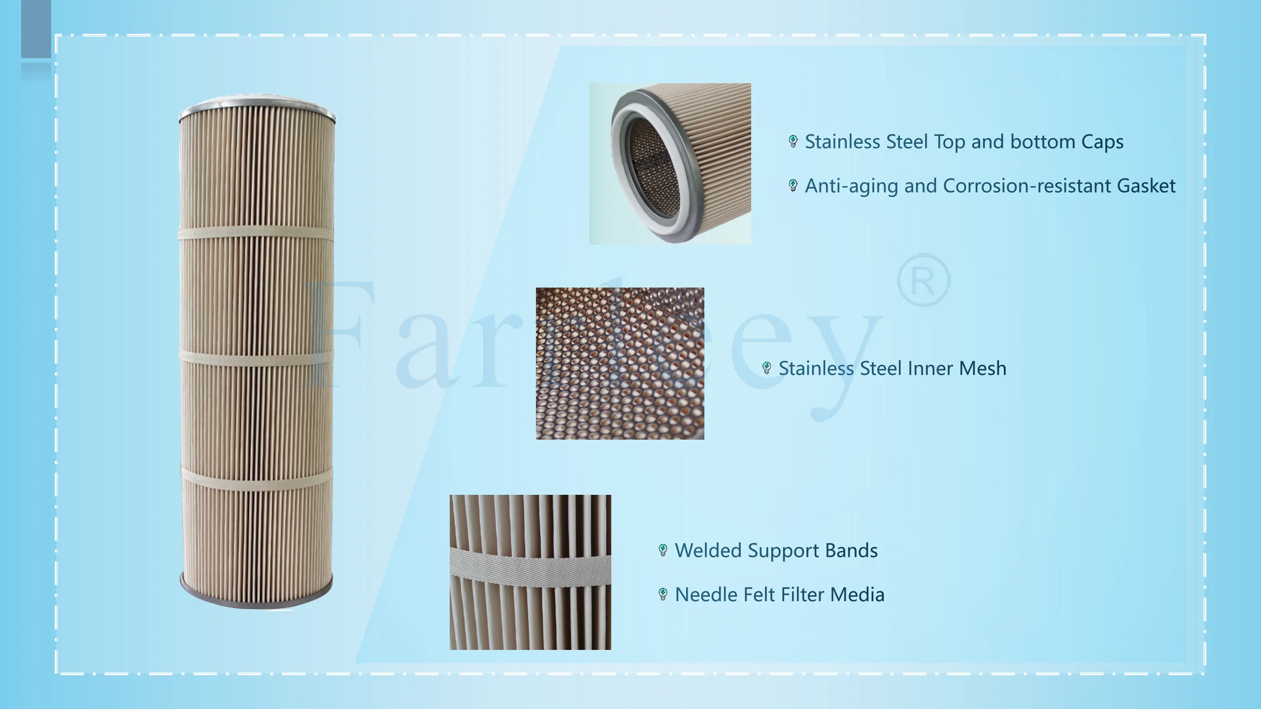 High Temperature PPS Felt Pleated Cartridge Air Filter with 1 Year Warranty and Stainless Steel Construction