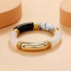 GOOJIDS Bracciale rigido semplice con perline placcate in oro, tubo di bambù spesso, curvo, impilabile, perline colorate in acrilico trasparente, estensibili, placcati oro, set per donne, 6.6 inches