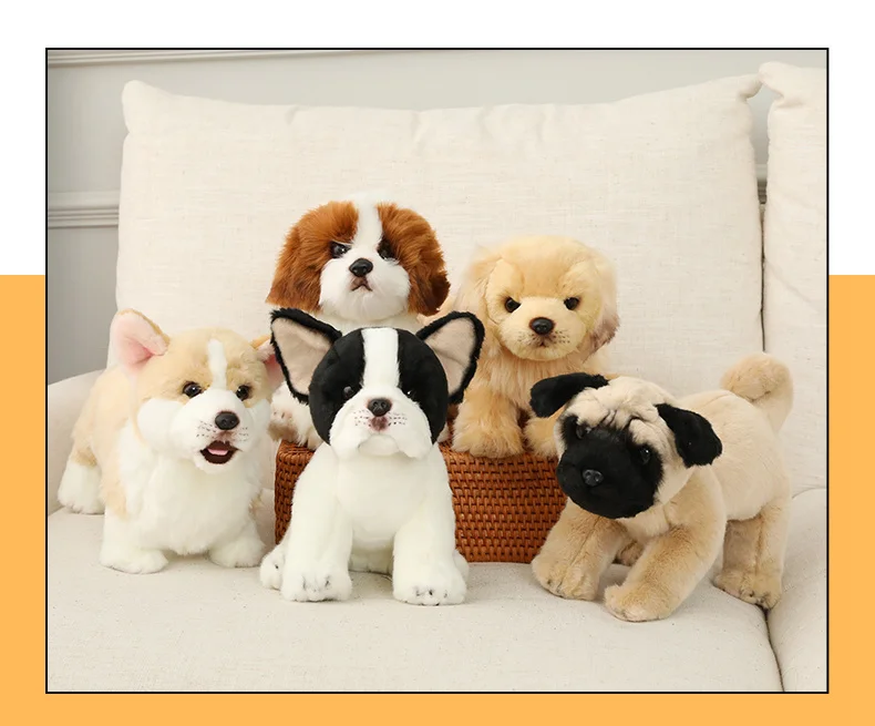 New Sunrise Customizable Lifelike Soft Simulation Plush Dog Series Welsh Corgi Sitting Bulldog Pekingese Golden Retriever
