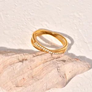 1pc Plated 18k Gold Cross Diamond Natural Stone Ring Women's Stainless Steel Trendy Daily Wear Anniversary Light Luxury