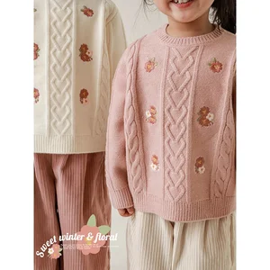 YOEHYAUL Spring &Autumn New Design O-Neck Embroidered Toddler Pullover Organic Cotton Knitted Baby Sweater Oem for Girls
