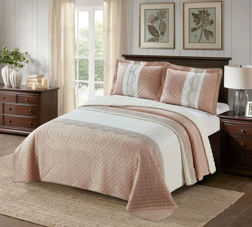 Velvet Patchwork Bedspreads 3 Piece Soft Polyester Crushed Velvet