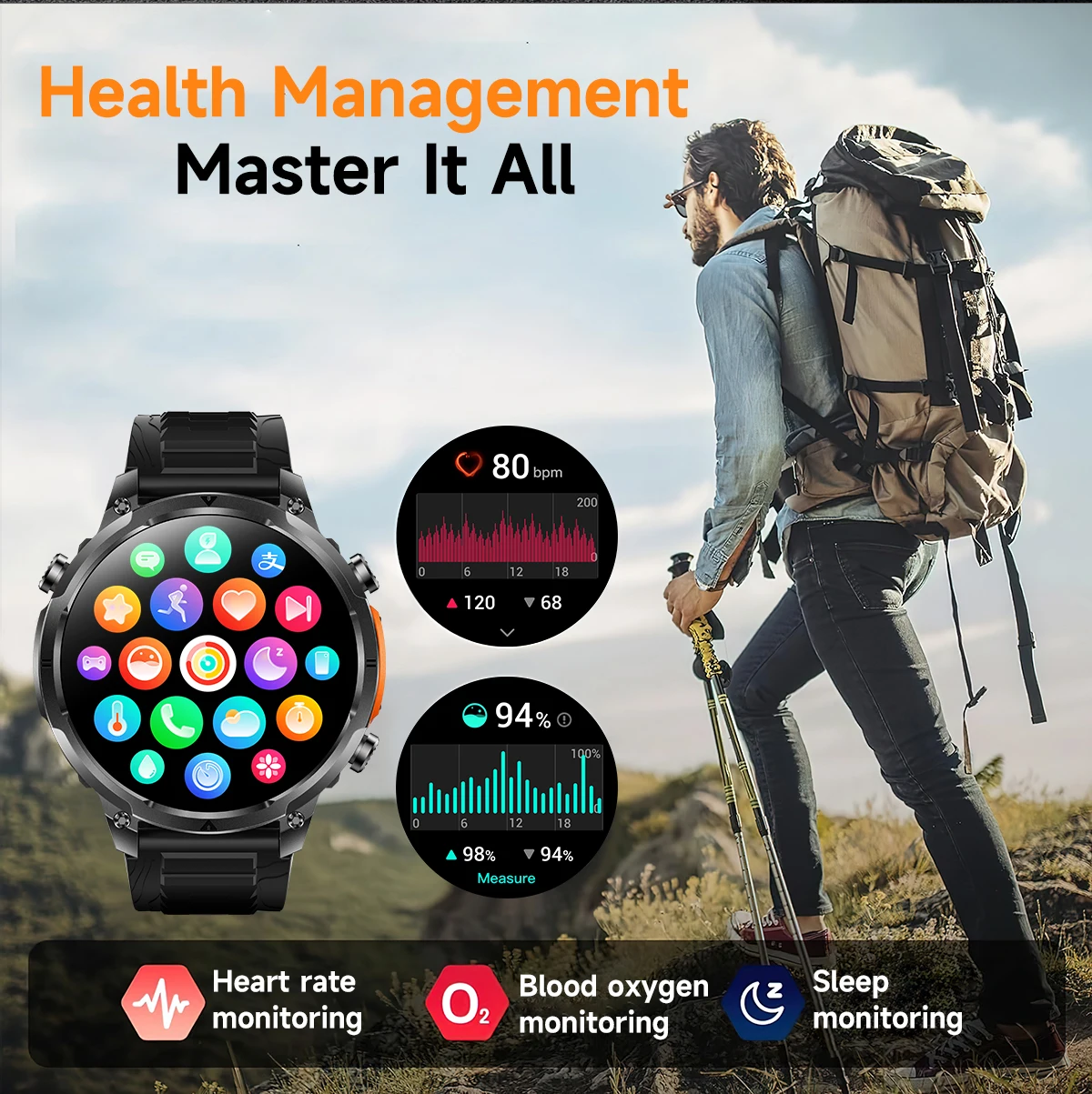  MK100 GPS Outdoor Sport Smart Watch 2026 IP68 Heart Rate Fitness Tracker Flashlight Compass BT Call Smart Watch for Men