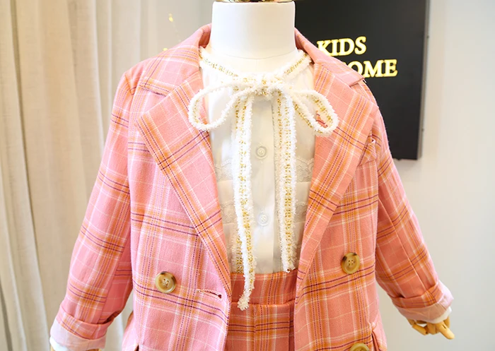 Classy Casual School Style 2025 Spring Autumn Kids Two Piece Pink Plaid Pleated Skirt Set Girls Worsted Fabric