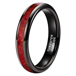Coolstyle Jewelry Black Plated 4mm Tungsten Engagement Ring for Women Men Wedding Band Red Opal Inlay Domed Fashion Jewelry