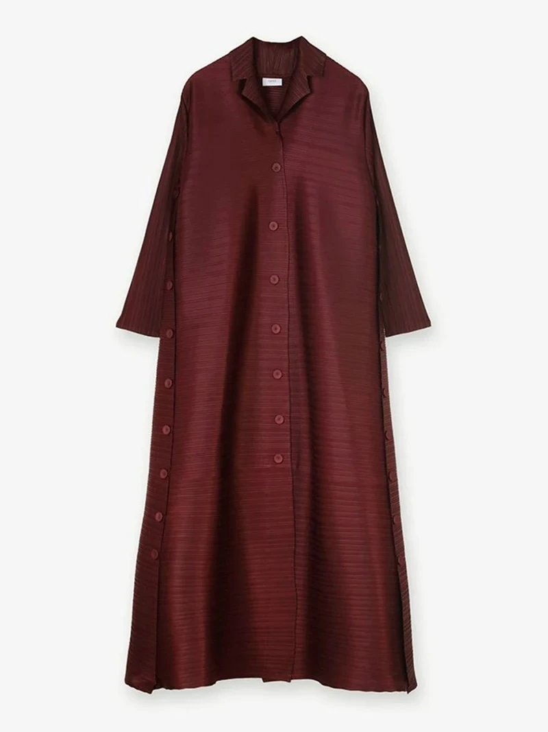 Factory Customized High Quality Miyake Pleated Turn Down Collar Loose Cardigan Coats Women Dress Indian Modest Abaya