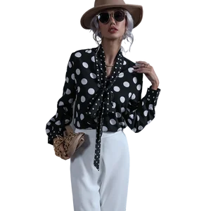 Women's Spring Autumn Vintage Polka Dot Tie Front Blouse Full Sleeve Blouse Women Chiffon Casual Shirt Elegant Office Shirts