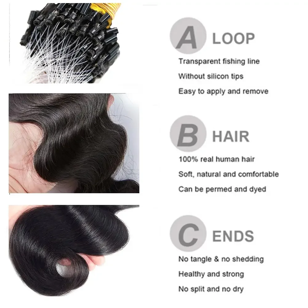 Extension per capelli umani Body Wave Micro Loop da 16-26 pollici per donne_voghion.com