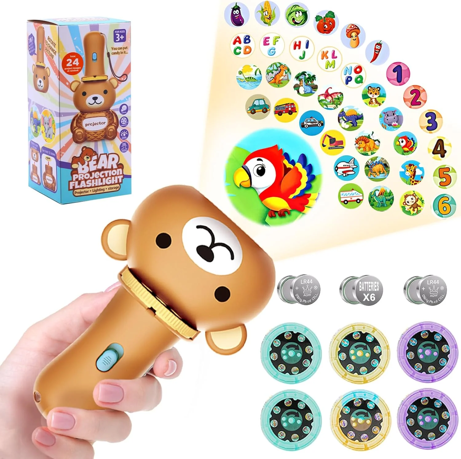 Kids Flashlight Color Projector with 48 Patterns Educational Learning Projector Toys for Girls Boys Cognition Bedtime Education