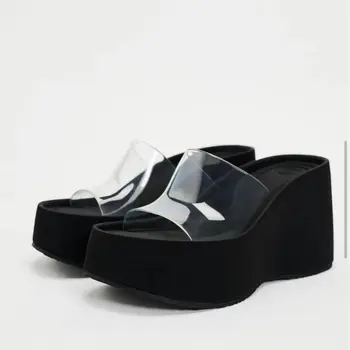 2024 ZA shoes Hot Selling sandals Plataforma Height Increasing blackTransparent Platform Women's Sandals