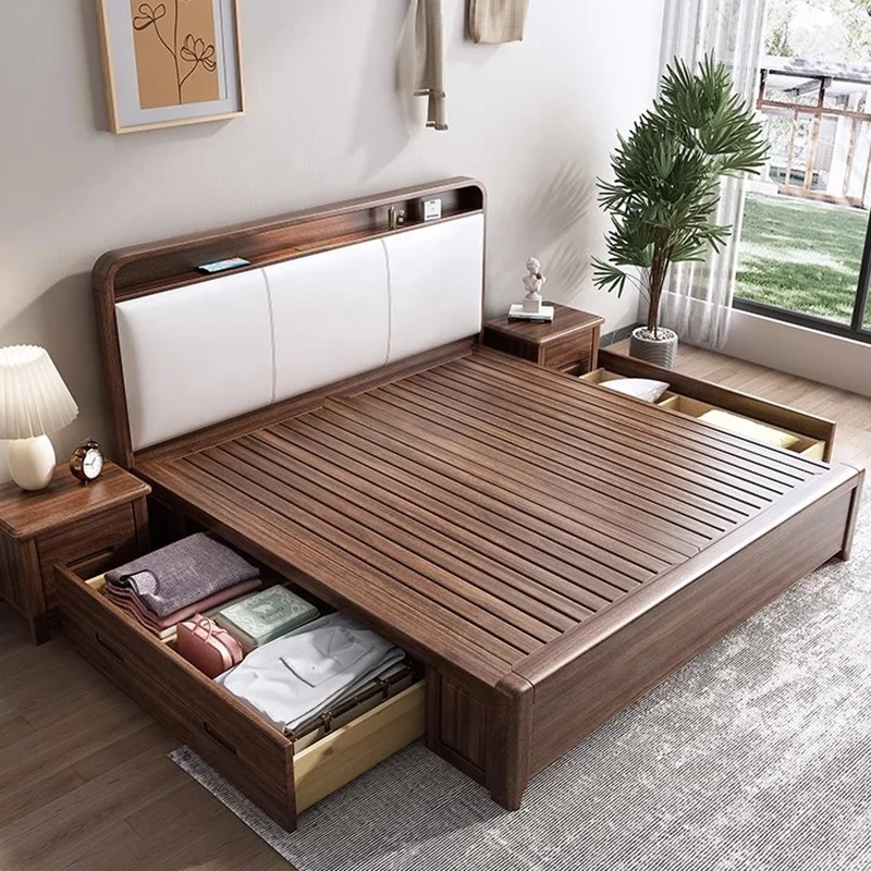 Modern Simple Designs Hot Sale Cheap Price Queen Size Walnut Solid Wood Double Beauty High Box Storage Wooden Bed