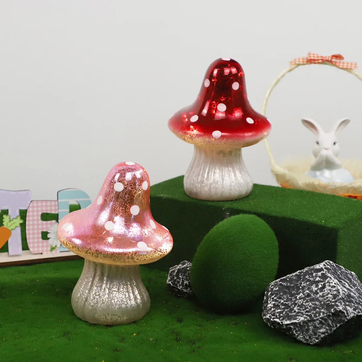 Wholesale Delicate Nordic Small Glass Mushroom Shaped Colored Battery Operated LED Light Lamp Ornaments Easter Spring Decoration supplier